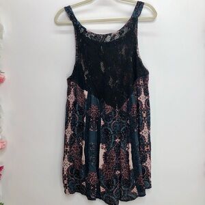 Free People black and pink print tank with lace